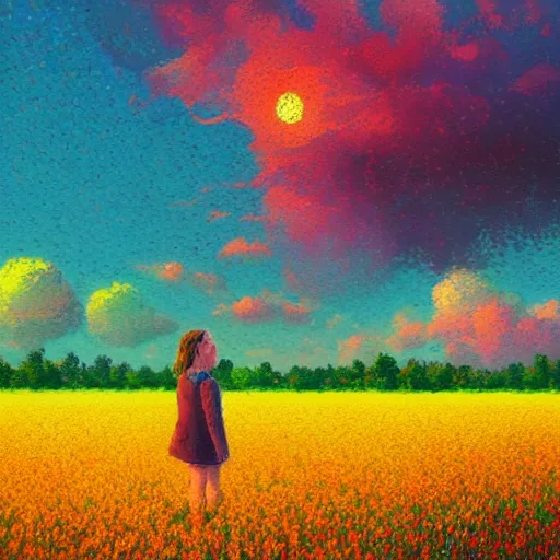 Image similar to girl becoming flower, standing in a flower field, big trees, sunrise dramatic light, impressionist painting, colorful clouds, digital painting, pointillism, artstation, simon stalenhag