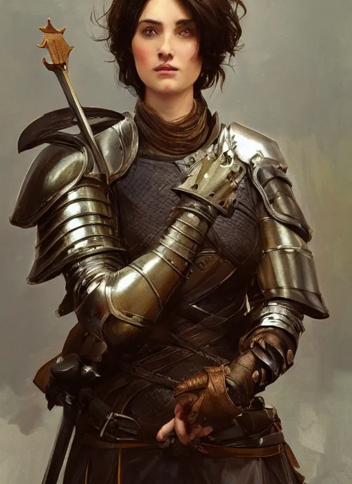 Image similar to medium-length portrait of a female knight with short dark hair and brown eyes, dark skin, happy expression, wears a combination of plate armor and boiled leather, medieval setting, highly detailed, digital painting, artstation, concept art, sharp focus, illustration, art by greg rutkowski and alphonse mucha