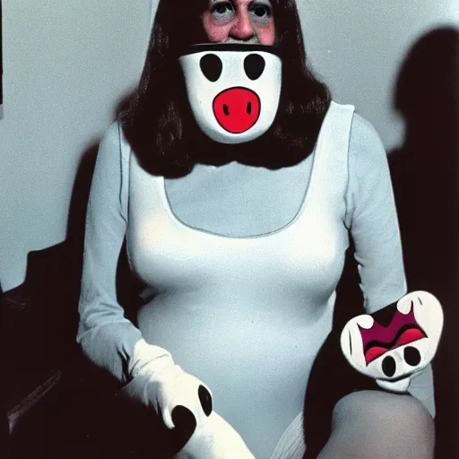 Prompt: 1976 woman wearing a smiley mask with long prosthetic snout nose and nostril, soft color wearing a leotard 1976 holding a hand puppet color film 16mm Almodovar John Waters Russ Meyer Doris Wishman old photo