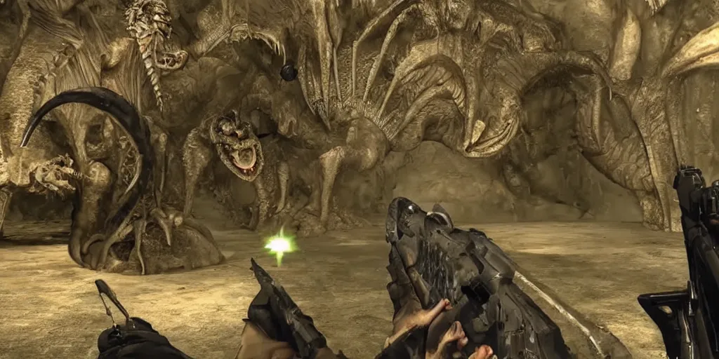 Image similar to Gameplay footage of a first person game with the player shooting a creepy grotesque dragon, designed by H.R Giger and Kojjima, amazing graphics