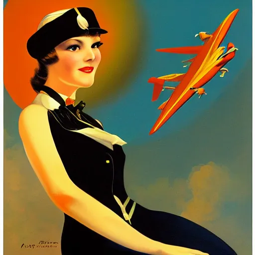 Image similar to pan am stewardess, painting by vargas, rolf armstrong