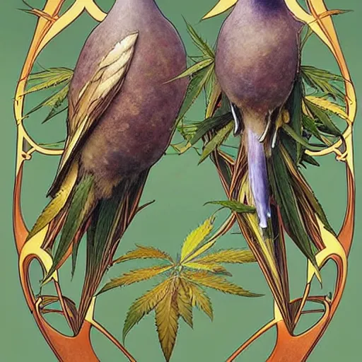 Image similar to hyper realistic, two beautiful and proud pigeon birds, majestic art-nouveau dank cannabis trees, by Range Murata and Mucha