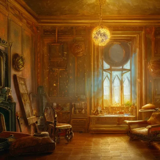 Prompt: detailed painting of an interior room with celestial ephemeral ornaments and thomas kincade architecture, artstation, greg crewdson, cinematic