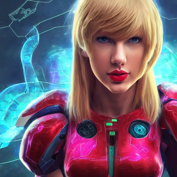 Image similar to portrait of Taylor Swift as SAMUS ARAN. metroid. HD, 4K. intricate abstract. intricate artwork. by Tooth Wu, wlop, beeple, dan mumford. octane render, trending on artstation, greg rutkowski very coherent symmetrical artwork. cinematic, hyper realism, high detail, octane render, 8k, iridescent accents.