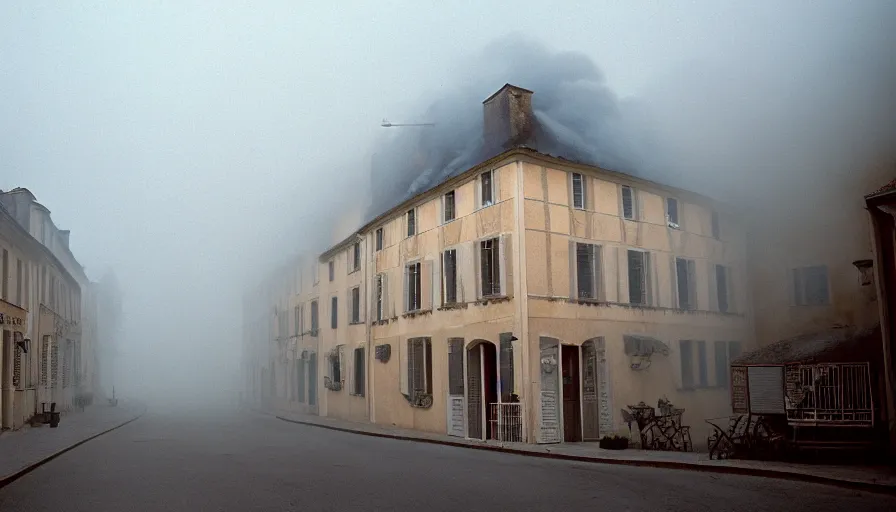 Image similar to 1 9 7 0 s movie still of a heavy burning french style townhouse in a small french village fog, cinestill 8 0 0 t 3 5 mm, heavy grain, high quality, high detail, dramatic light, anamorphic, flares