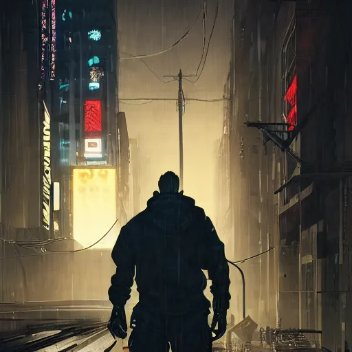 Prompt: A broad shouldered, large man in a techwear outfit, Acronym P31-ds pants, high quality, digital art, dire cyberpunk city, gray sky, neon signs in background, greg rutkowski