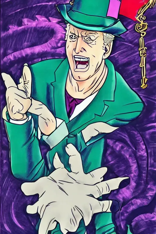 Image similar to Joe Biden as Jotaro Kujo JoJo from JoJo's Bizarre Adventure battling Donald Trump, anime drawing by Hirohiko Araki, vivid colors, colorful fashion