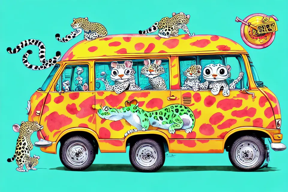 Prompt: cute and funny, baby leopard riding in a mystery machine van, ratfink style by ed roth, centered award winning watercolor pen illustration, isometric illustration by chihiro iwasaki, edited by range murata, tiny details by artgerm and watercolor girl, symmetrically isometrically centered, sharply focused