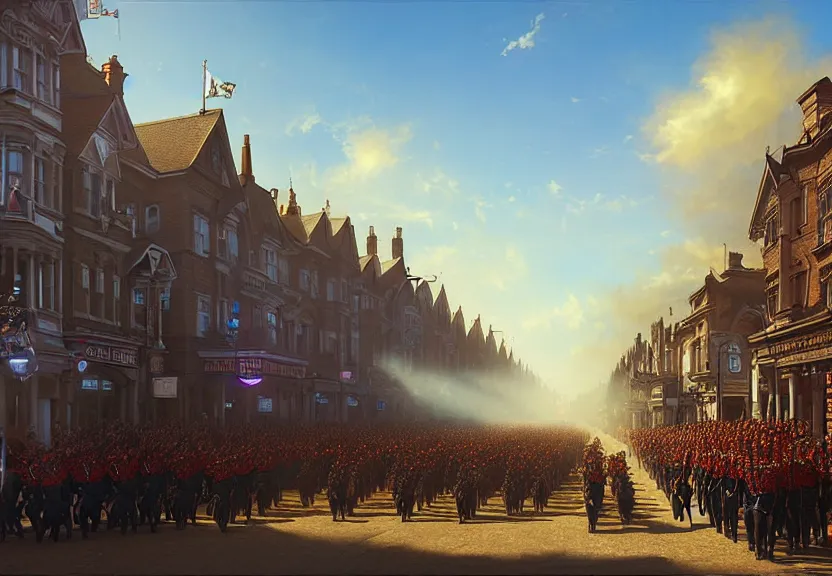 Prompt: a victorian army parade down a town street, blue sky, sunny, detailed, volumetric, cinematic lighting, realistic, digital art by greg rukowski