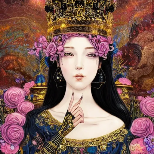 Image similar to a beautiful black haired woman with pale skin and a crown on her head sitted on an intricate metal throne, flower decoration on the background, beautiful illustration, atmosphere, top lighting, perfect composition, smooth, highly detailed, art by so - bin and yuhong ding and chengwei pan,