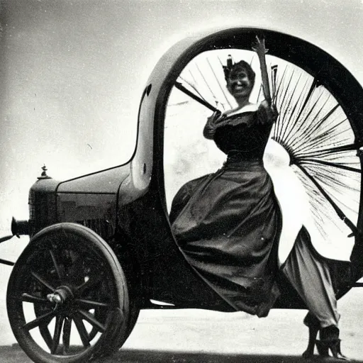 Prompt: an oldie car with wings and turbine, steam punk, black-white retro photo 1910, woman in front