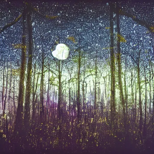 Prompt: wrought silver forest under a moonlit star filled sky filled with fireflies