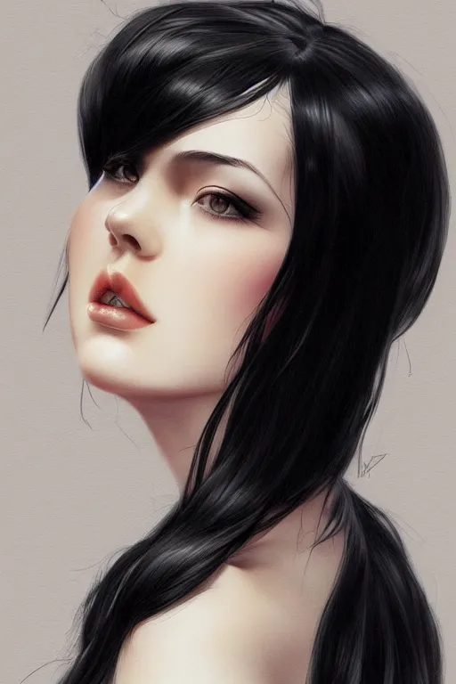 Image similar to side view of a beautiful black haired pale woman, by artgerm, by studio trigger, by wlop, realistic, soft light, warm colors