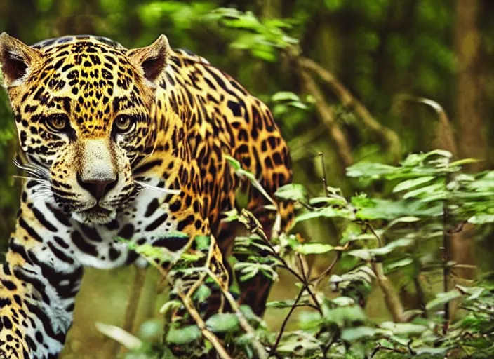 Image similar to jaguar the animal in the forest but it has the body of a jaguar car, professional natural geographic jungle photo