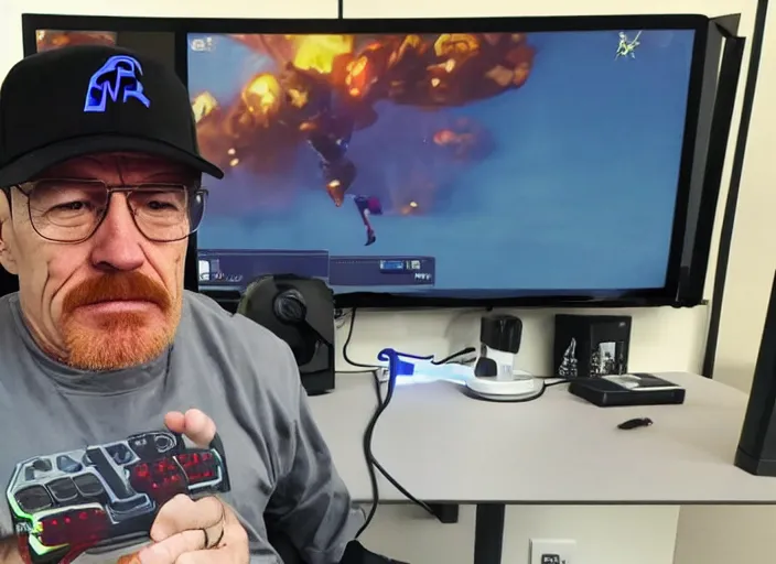 Image similar to realistic gamer walter white in real life on a gaming chair playing fortnite on his gamer pc