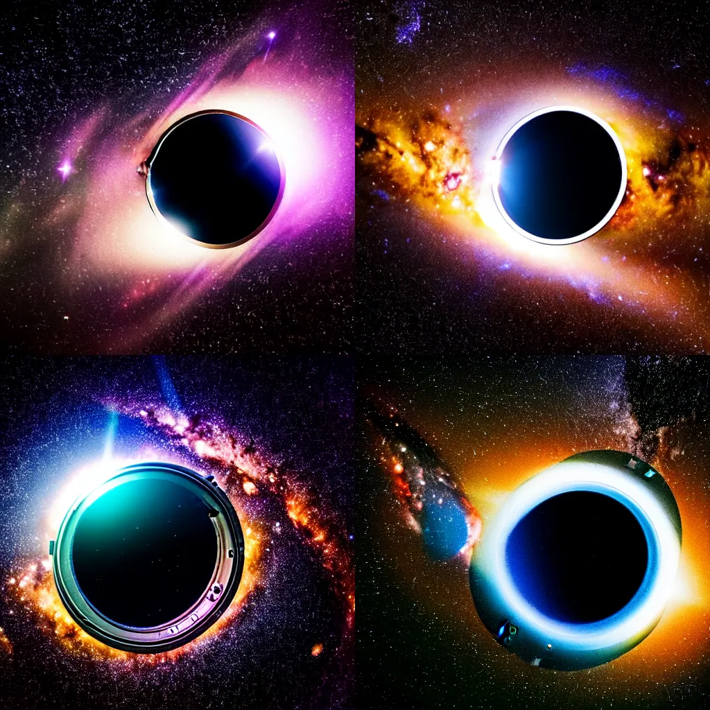 Prompt: Realistic photo capturing through the porthole of a spaceship of a black hole absorbing the planet Earth at the middle of the Milky Way Galaxy