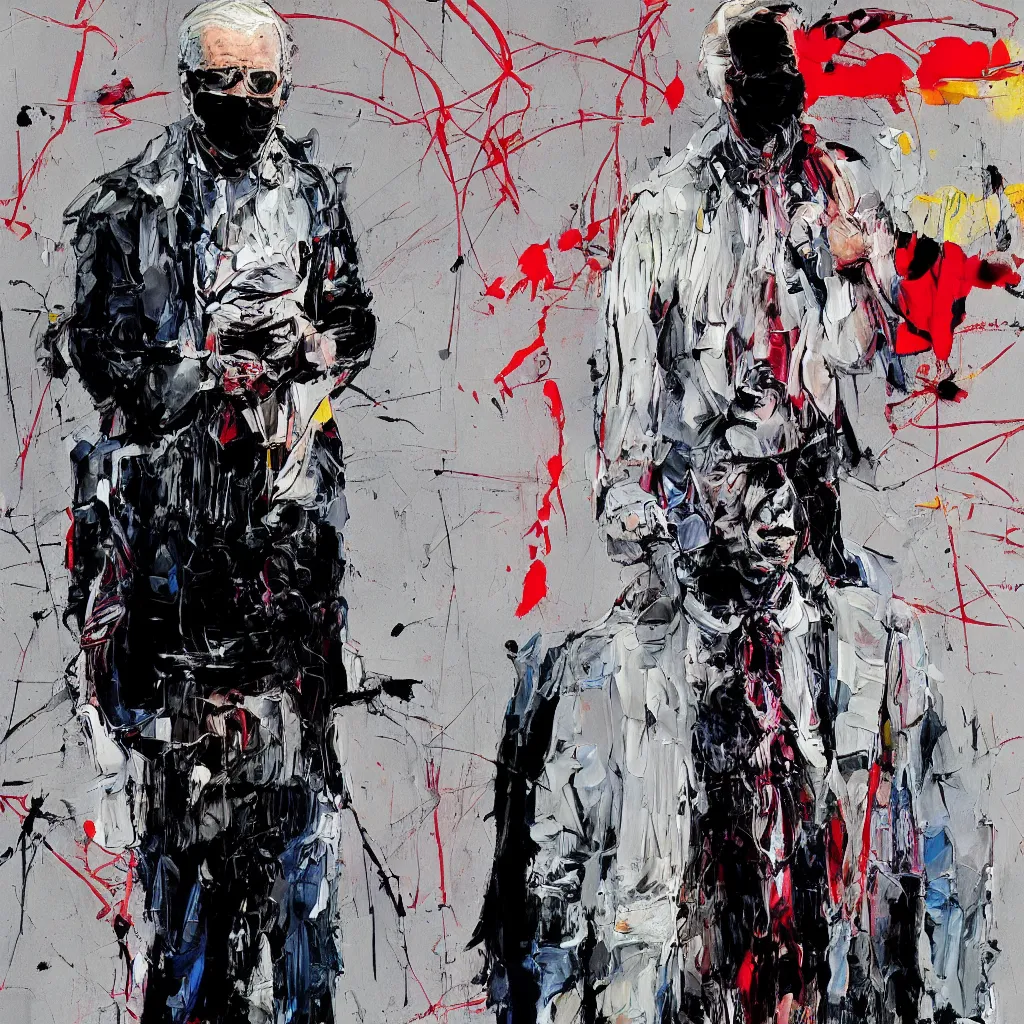 Image similar to Joe Biden full body portrait, Techwear, Cyberpunk, painting by Ralph Steadman, Francis Bacon, Hunter S Thompson