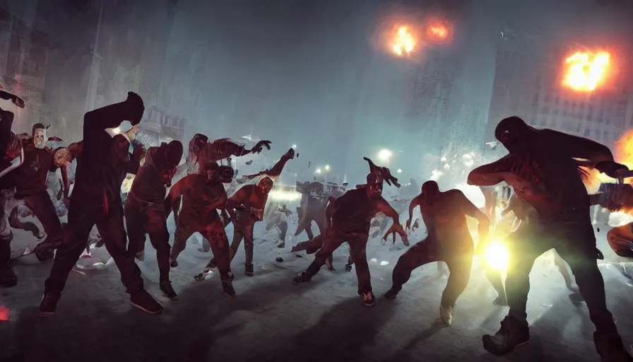 Prompt: full - body action shot of a gangsta rap group n. w. a. fighting a horde of zombies, in the style of boondocks, mist, epic, cinematic, volumetric lighting, symmetry, fantasy style, highly - detailed, unreal 5, realism,