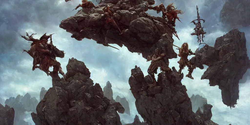 Image similar to epic battle barbarian norse gods thunder inverted individual rocks hanging from the sky two worlds facing each other horizontal symmetry inception good composition artstation illustration sharp focus sunlit vista painted by ruan jia raymond swanland lawrence alma tadema zdzislaw beksinski norman rockwell tom lovell alex malveda greg staples