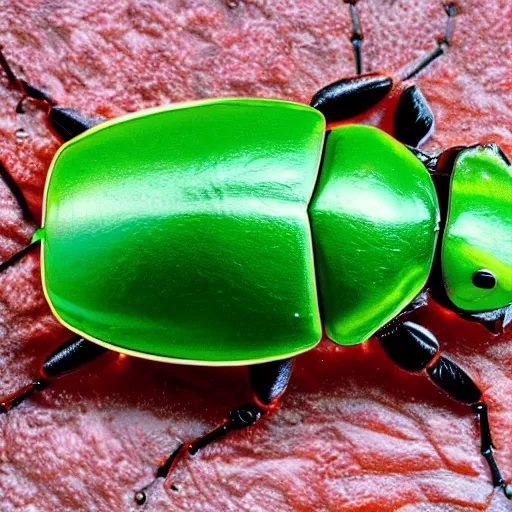 Prompt: hybrid of green beetle and red turtle, photorealistic, close - up