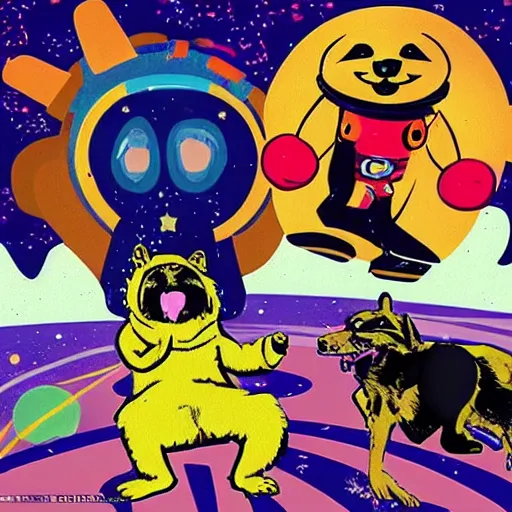 Image similar to a golden retriever and a raccoon dressed as crazy superheroes scientists on an adventure in space, 1960s psychedelic style