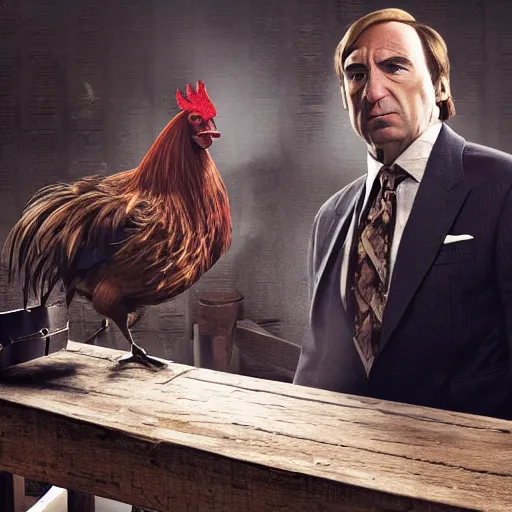 Image similar to saul goodman and a rooster in a saw movie torture chamber, saw movie jigsaw background, saul goodman, rooster, photo