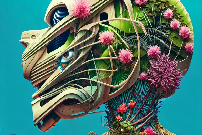 Image similar to gigantic robot head, a lot of exotic vegetation, trees, flowers by moebius, junji ito, tristan eaton, victo ngai, artgerm, rhads, ross draws, hyperrealism, intricate detailed