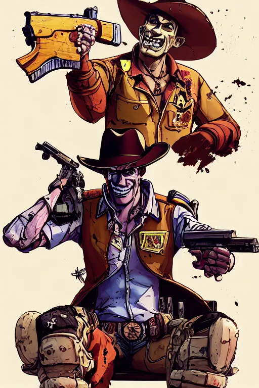 Image similar to a study of cell shaded portrait of Sheriff Woody Pride as a gunman looking as a Borderlands 3 character, llustration, post grunge, concept art by josan gonzales and wlop, by james jean, Victo ngai, David Rubín, Mike Mignola, Laurie Greasley, highly detailed, sharp focus, alien, Trending on Artstation, HQ, deviantart, art by artgem