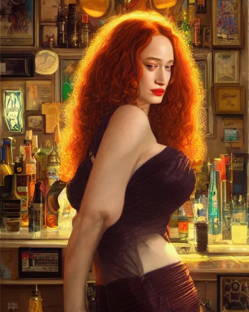 Image similar to sophisticated portrait of christina hendricks brie larson kat dennings, 1 9 8 0 s flower power hippy, very smoky cyberpunk paris bar, elegance, highly detailed, shallow depth of field, artstation, artgerm, donato giancola and joseph christian leyendecker