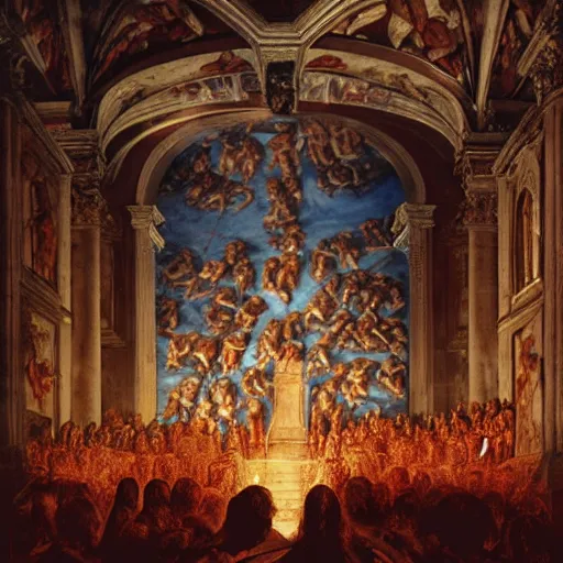 Prompt: the sistine chapel breaks open in half in the ceiling as a red magical portal from hell opens up, lucifer morningstar emerges along with demons, the priests and the pope look at the scene with terror in their eyes. highly detailed painting by gaston bussiere, greg rutkowski, craig mullins 8 k