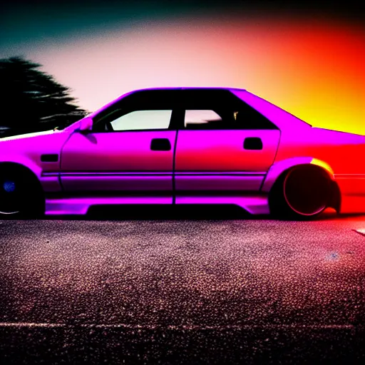 Image similar to a car JZX100 at illegal car meet, Saitama prefecture, city sunset mist neon lights, cinematic color, photorealistic, highly detailed, 200MM