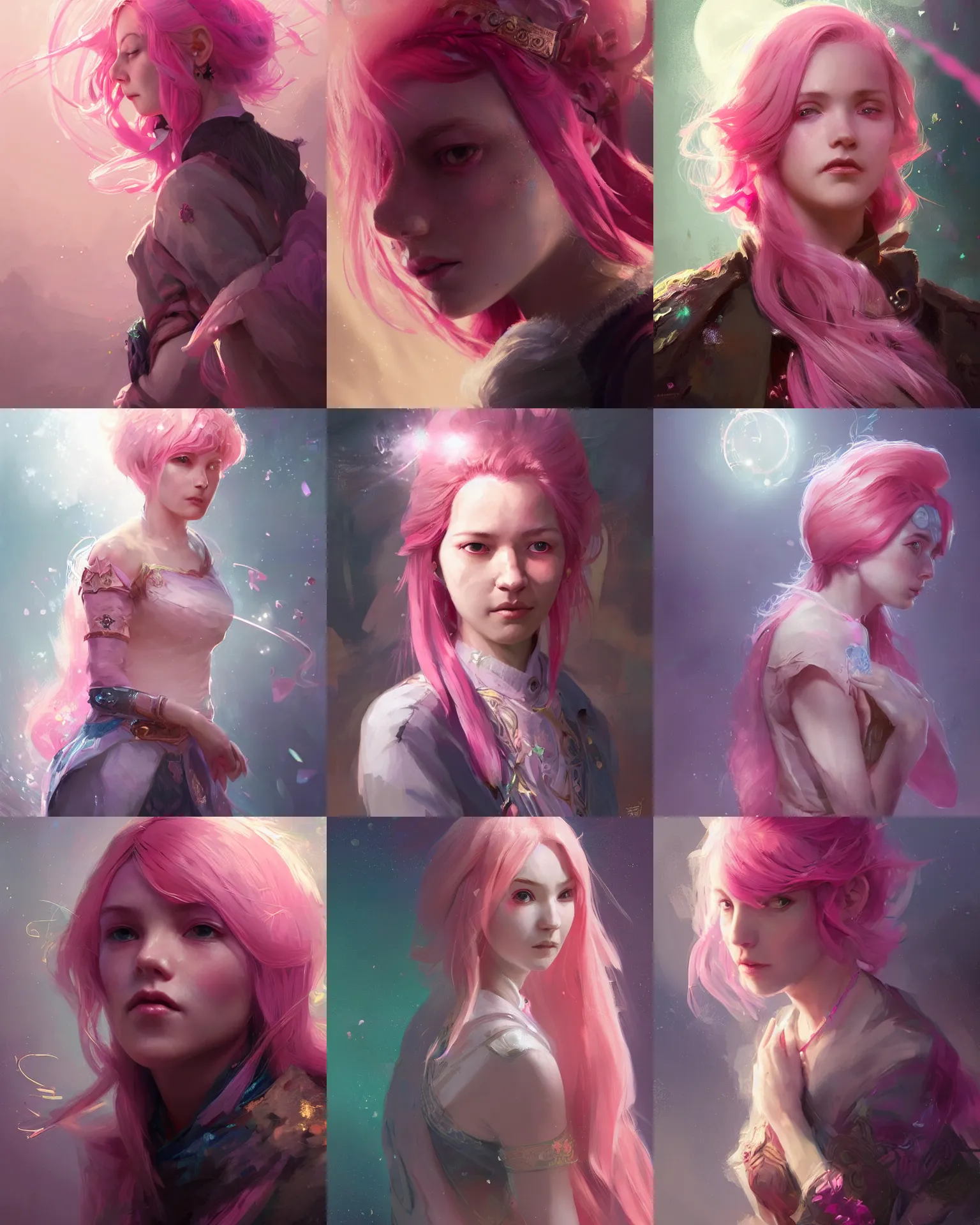 Prompt: portrait of an innocent lost woman with pink hair, magic uniform, fantasy, intricate, sharp focus, lens flare, bloom, rim light, illustration, highly detailed, digital painting, concept art, matte, art by ruan jia. left view