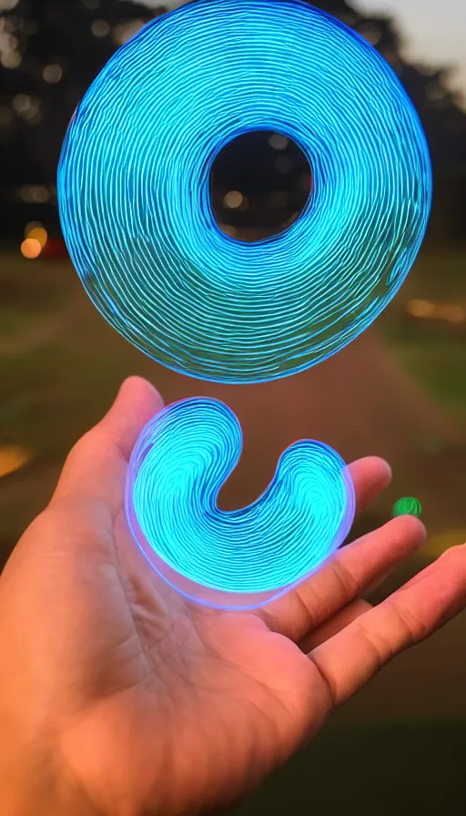 Prompt: photograph of two hands holding a 2ft slightly curved soft background blue blue oblong bubble filled with glowing AR hologram paragraphs in iMessage bubble formed between the arc between the thumb and index finger, AR sentences streaming from your mouth to your hands, chatting at Dolores Park sunset dappled golden hour light