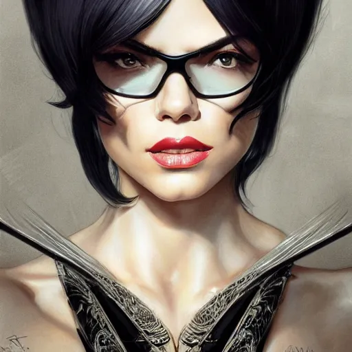 Prompt: a portrait of jenna dewan as bayonetta, upper half portrait, urban motifs, intricate, elegant, highly detailed, digital painting, trending on artstation, concept art, smooth sharp focus, illustration, art by artgerm and greg rutkowski