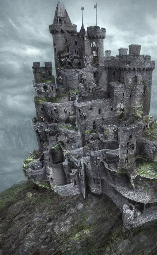 Image similar to a abandoned castle on the edge of a high cliff, 8 k, shallow depth of field, intricate detail, concept art,