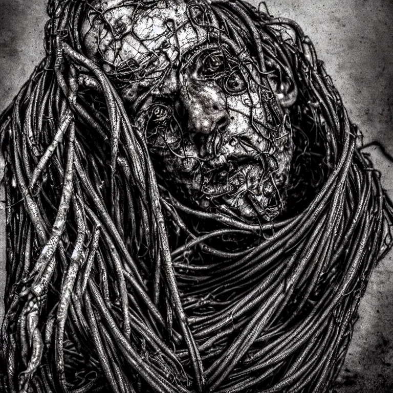 Prompt: still life of ribbed closeup face man portrait, covered with roots, wires, tubes, standing in a desolate empty wasteland, creepy, nightmare, dream-like heavy atmosphere, surreal abandoned buildings, baroque painting, beautiful detailed intricate insanely detailed octane render trending on Artstation, 8K artistic photography, photorealistic, chiaroscuro, Raphael, Caravaggio, Beksinski, Giger