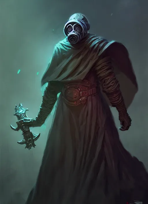Prompt: concept art illustration of the old necromancer, wearing a wizard cloak, gas mask, in the style of angelarium, hyper detailed, intricate, complex, 8 k, crisp,