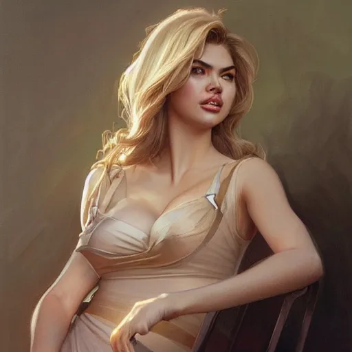 Image similar to portrait of kate upton, dark, piercing eyes, gentle expression, elegant clothing, photorealistic, highly detailed, artstation, smooth, sharp focus, art by michael whelan, artgerm, greg rutkowski and alphonse mucha