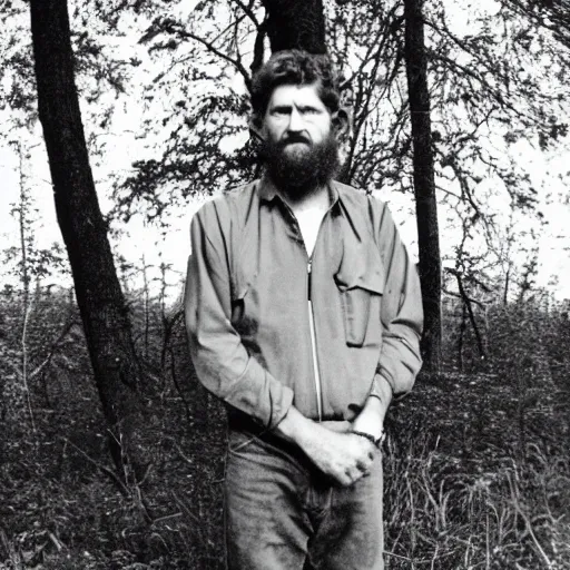 Prompt: photograph of ted kaczynski in a serene outdoors wilderness setting