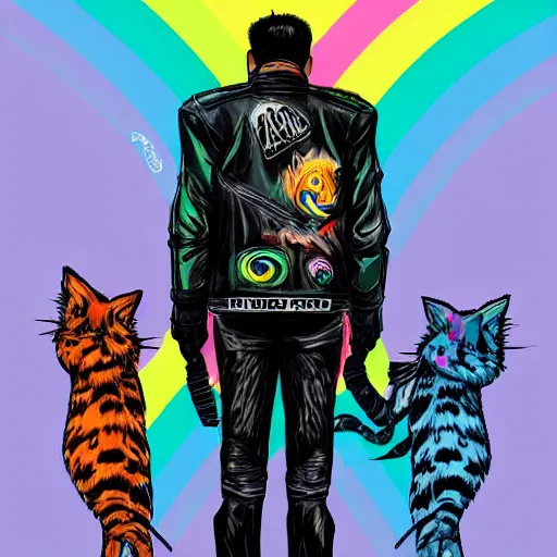 Image similar to wide angle full body, jacket wearing fluffy cute rainbow kitten wearing a black leather motorcycle jacket, cinematic concept art