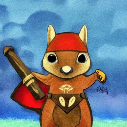 Image similar to a squirrel with thor outfit ~ holding his hammer ~ dramatic thunder background ~ trending ~