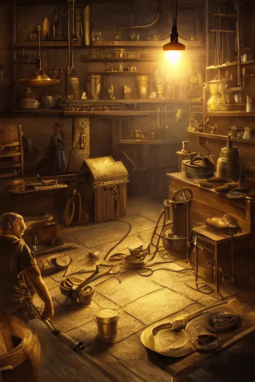 Image similar to a glowing gold coin on the anvil, blacksmith's shop interior, cinematic lighting. digital art by WLOP, highly detailed, illustration.
