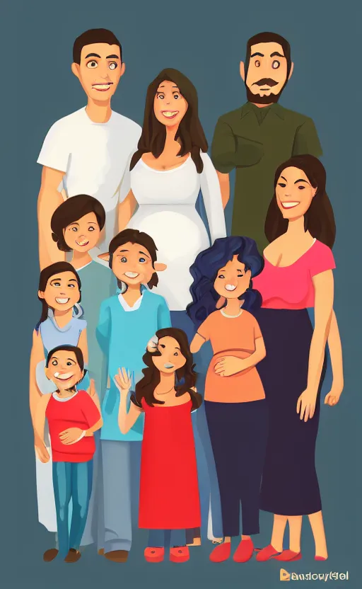 Prompt: a front view family portrait of a smiling hispanic pregnant lady illustration, trending on artstation