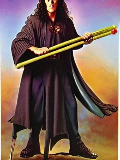 Image similar to weird al as a powerfulwizard holding a staff, serious expression, in the style of frank frazetta