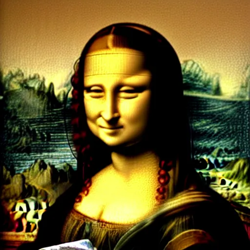 Image similar to mona lisa wearing a astronaut helmeted suit. painted by leonardo davinci