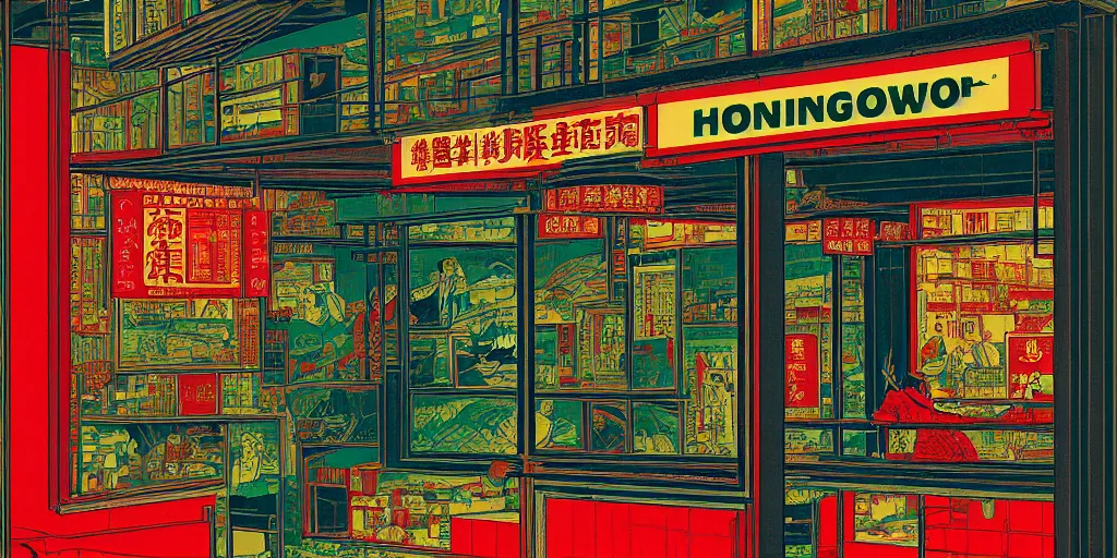 Prompt: a window view, through the window is another shop window in hong kong, by dan mumford and peter doig and edward hopper, minimal, black in, thick lines highly detailed, muted colours, overlaid with chinese adverts, 8 k