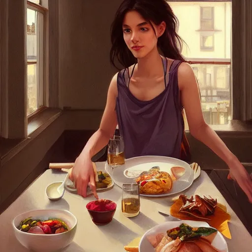 Image similar to a dinner date with the girl next door, slice of life, varying ethnicities, modern, realistic, looking at the camera, enjoying life!!! elegant, highly detailed, digital painting, artstation, concept art, matte, sharp focus, illustration, art by artgerm and greg rutkowski and alphonse mucha