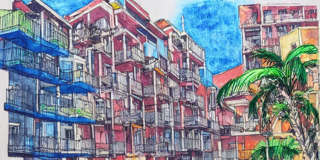 Prompt: tel aviv painting. bauhaus style. buildings with balconies. junction in dizingof center in tel aviv. highly detailed. pen drawing painted with watercolors. colorful. low buildings. palm trees. fluffy