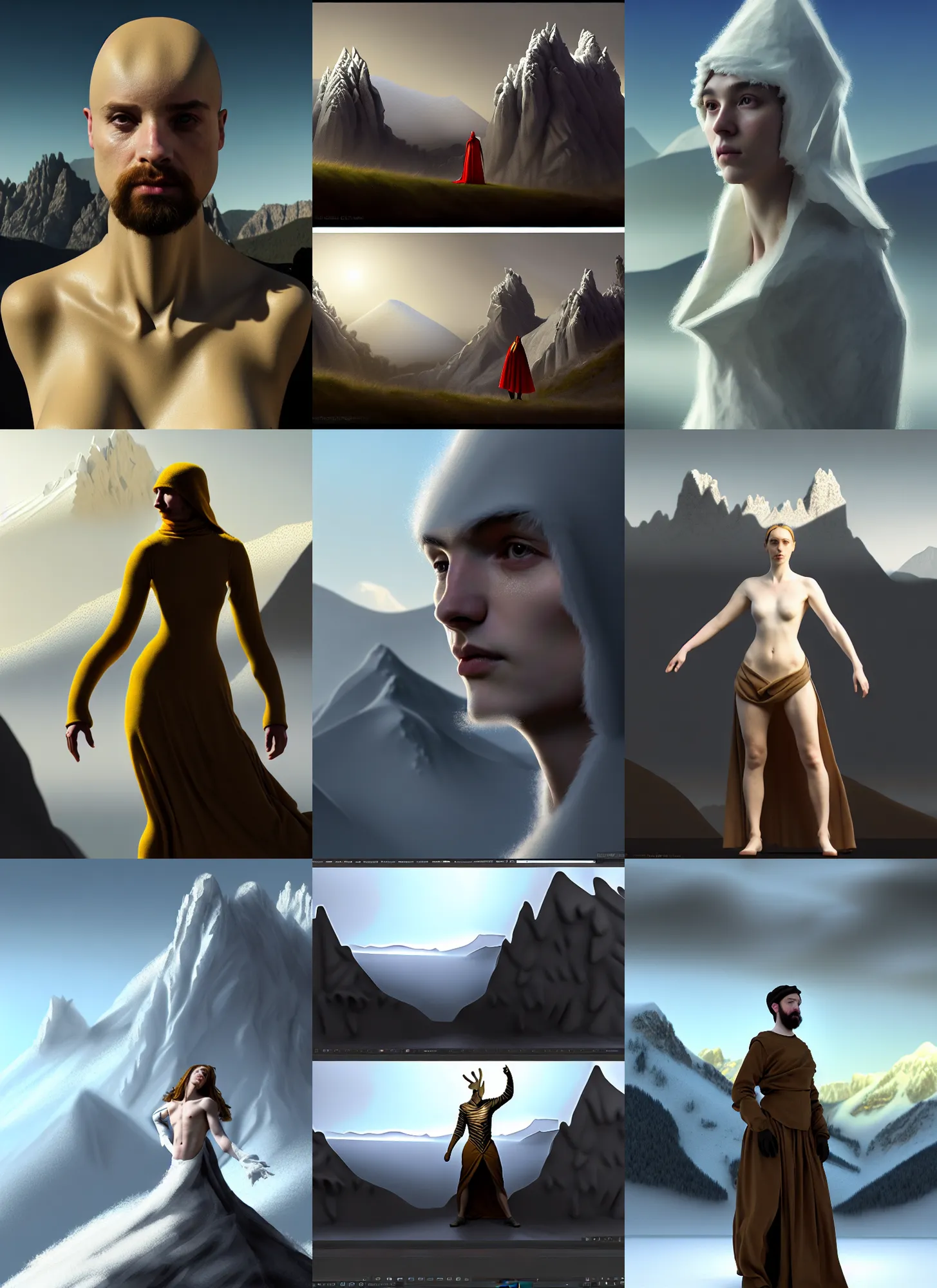 Prompt: human costume design made by snowflakes, sophisticated composition, old masters light composition, procedurally generated, drama character posing for concept art, dramatic mountains behind, substance designer, PBR, HD, Ultra detailed, hyperrealistic, megascans, volumetric light, concept by master artist, made in paint tool SAI2, trending 500px face