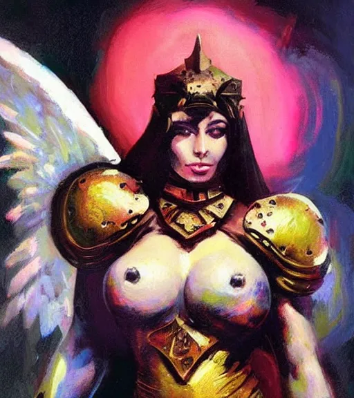 Image similar to portrait of strong iranian female chaos angel, beautiful! coherent! by frank frazetta, by brom, strong line, vivid neon color, shining metal power armor, iron helm, high contrast, maximalist